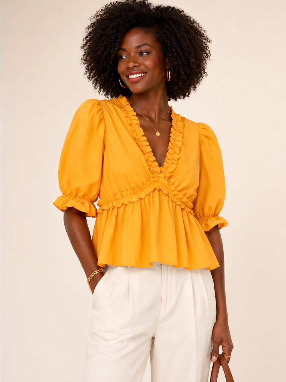 Hyacinth House Canary Ruffle Peplum Puff Sleeve Blouse Sz Small